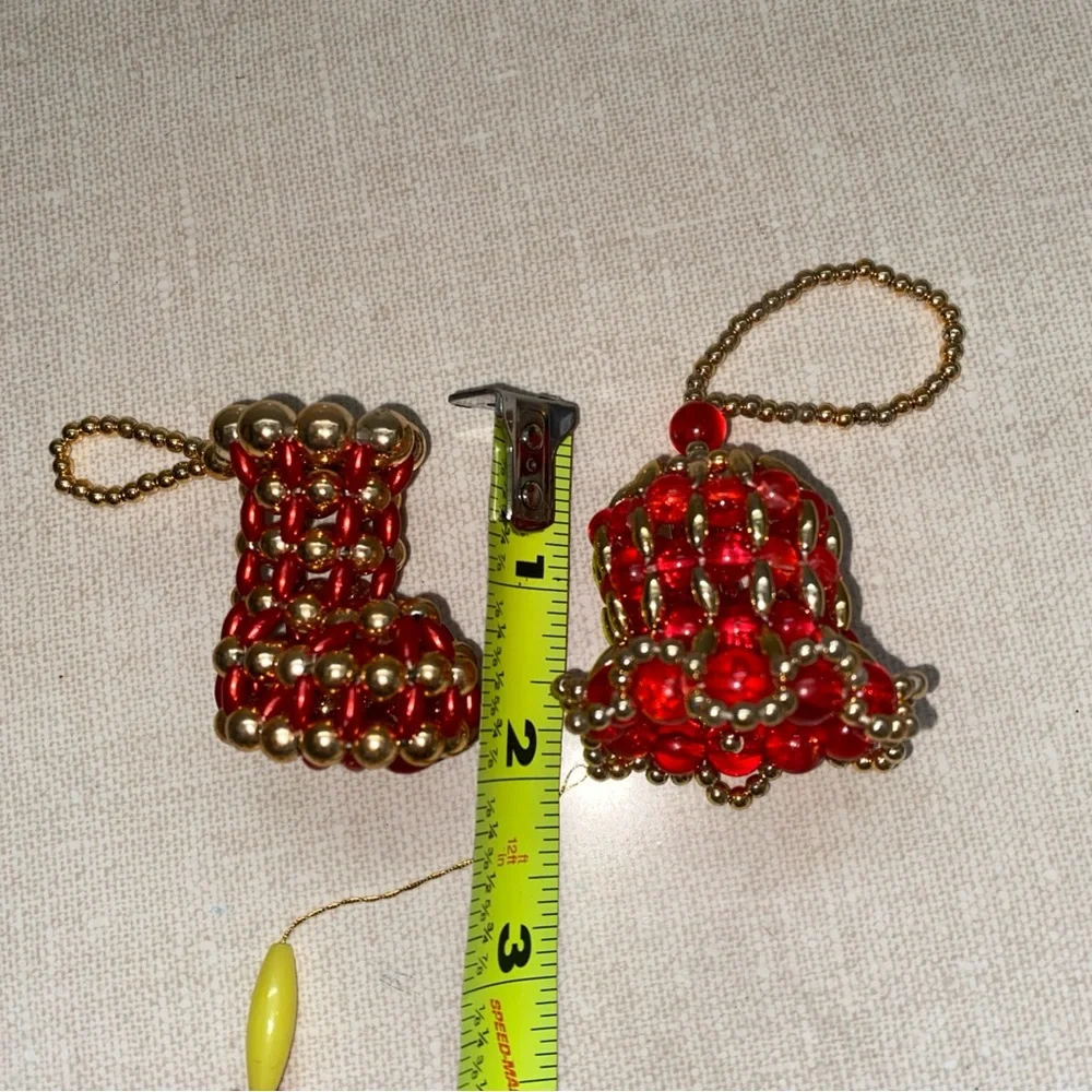 Vintage Handmade‎ Beaded Christmas Ornaments Bell Stocking Candlesticks 5 Pc Lot